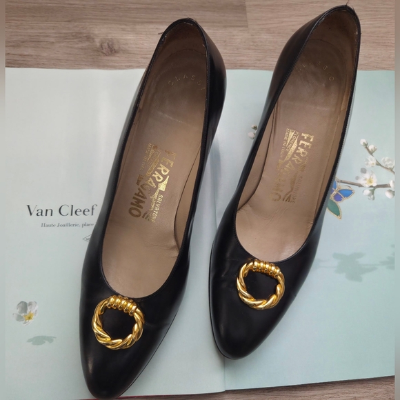 Salvatore Ferragamo Shoes - Salvatore Ferragamo Black Pumps with Gold Ring Detail